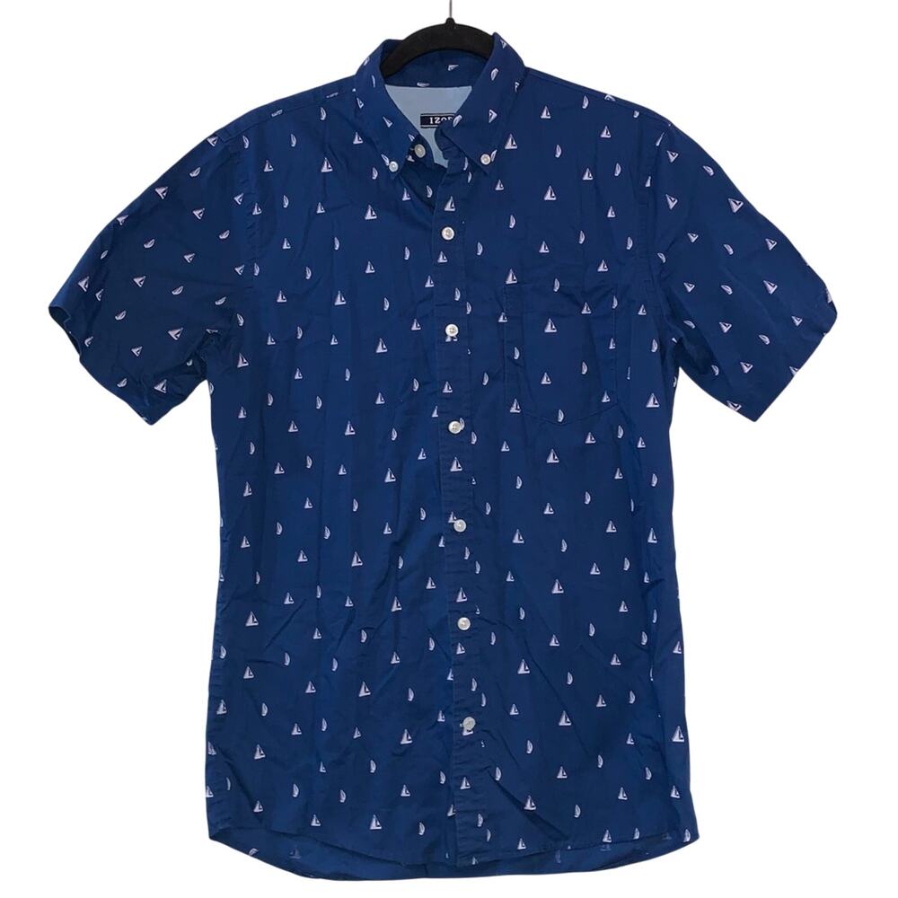 IZOD Sailboat Print Button Down Shirt Small Blue Nautical Short Sleeve Casual